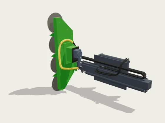 3D-model af et frontbeslag til hegnsklipper med fire savklinger på en teleskoparm